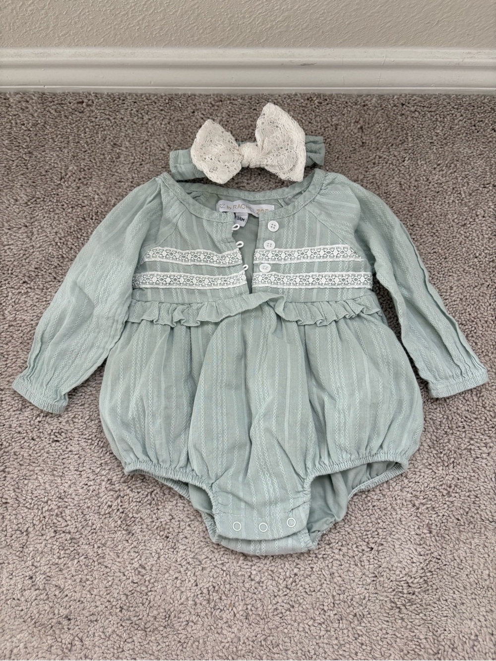 Rachel Zoe Baby Sage Green Lace Bubble Romper Matching Lace Bow